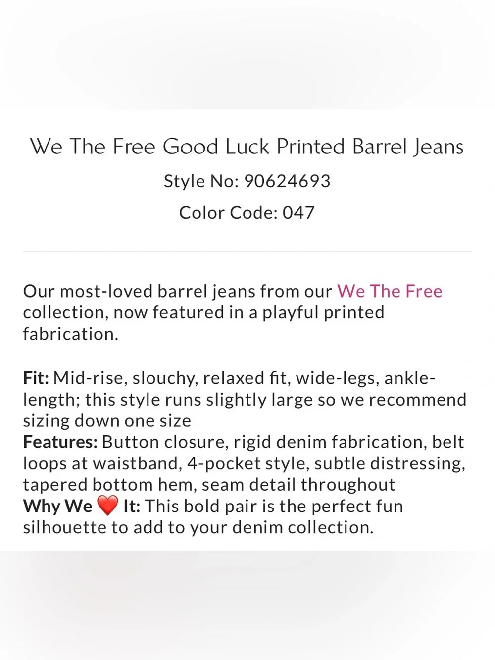 Free People Printed Good Luck Barrel Jeans